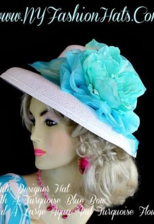 White Aqua Turquoise Blue Designer Hat, Hats For Weddings, Fashion Hat