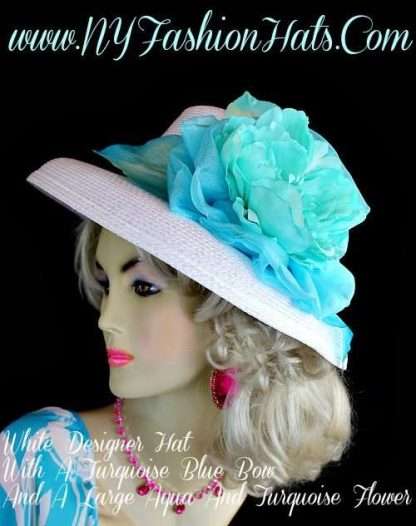 White Aqua Turquoise Blue Designer Hat, Hats For Weddings, Fashion Hat