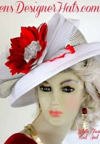 White Silver Red Kentucky Derby Hat, Women's Designer Dress Hats