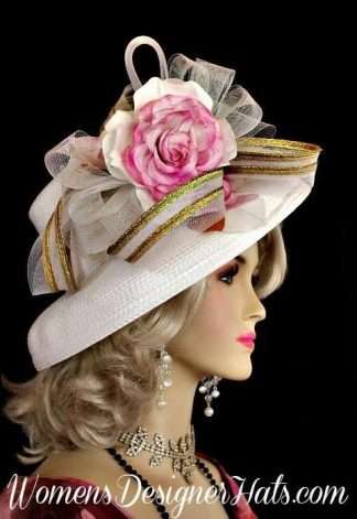 White Metallic Gold Pink Women's Designer Hat, Kentuck Derby Hats