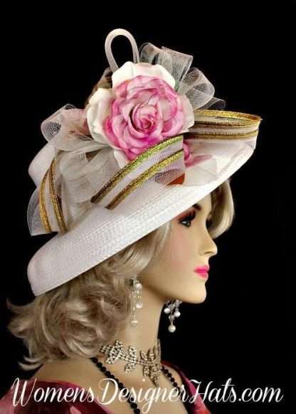 White Metallic Gold Pink Women's Designer Hat, Kentuck Derby Hats