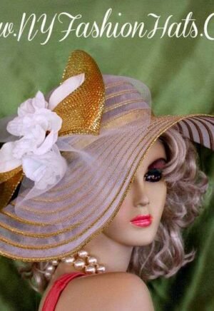 Ladies White Metallic Gold Wide Brim Designer Hat With White Roses 4CBZ 