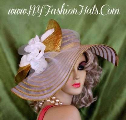 Ladies White Metallic Gold Wide Brim Designer Hat With White Roses 4CBZ