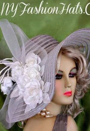 Ladies White And Metallic Silver Or Gold Designer Hat With Roses Hats