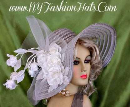 Ladies White And Metallic Silver Or Gold Designer Hat With Roses Hats