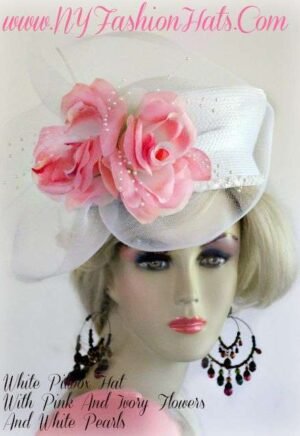 Women's White Pillbox Designer Hat With Pink Flowers And Pearls