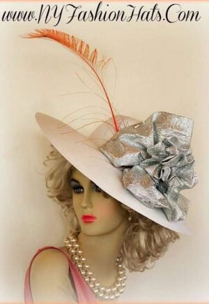 Ladies White Wide Brim Designer Hat Silver Bow Orange Peacock Feather