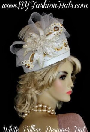 Women's White Gold Sequin Pearl Flower Pillbox Hat, NY Fashion Hats