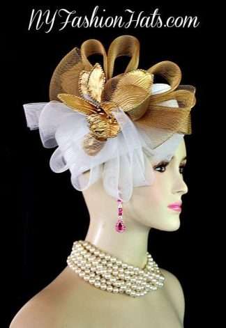 Ladies White Bronze Metallic Gold Pillbox Wedding Hat NY Fashion Hats ATY2