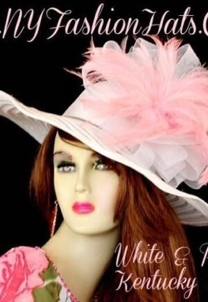 White Wide Brim Kentucky Derby Hat Pink Feathers NY Fashion Hats