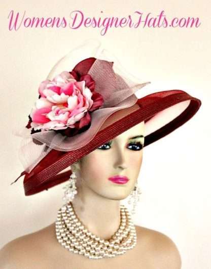 Ladies Wine Burgundy Pink Designer Fashion Wedding Church Hat Horse Race Hats QZ36