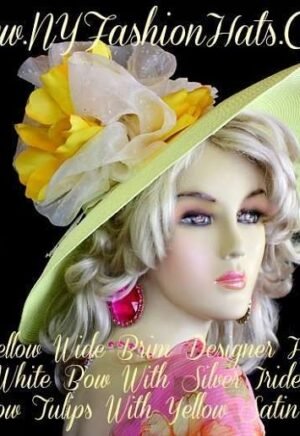 Women's Yellow Designer Wedding Hat With Flowers, NY Fashion Hats