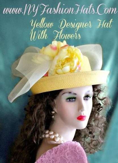 Ladies Yellow Designer Church Hat With Silk Flowers NY Fashion Hats