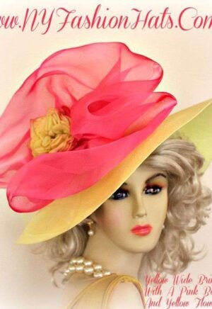 Ladies Yellow And Hot Pink Designer Wide Brim Flower Hat Spring Hats
