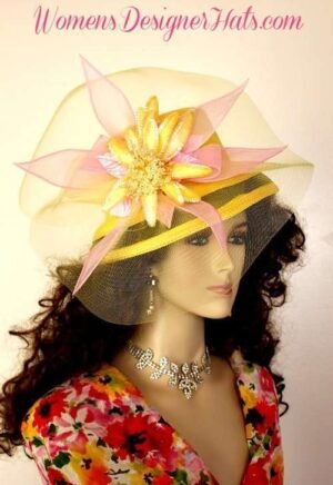 Ladies Yellow Pink Designer Kentucky Derby Hat Woman's Fashion Hats