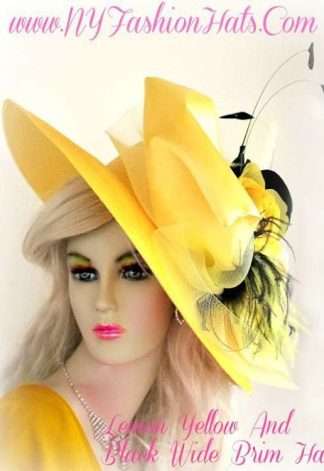 Ladies Lemon Yellow Black Wide Brim Hat With Roses Designer Hats TG9