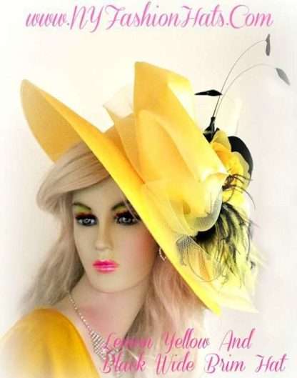 Ladies Lemon Yellow Black Wide Brim Hat With Roses Designer Hats TG9