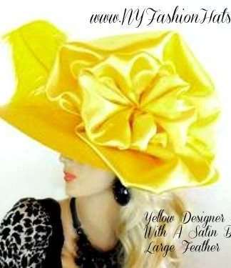 Ladies Yellow Wide Brim Designer Hat With A Satin Bow NY Fashion Hats