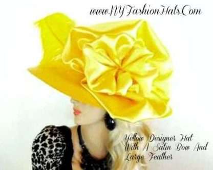 Ladies Yellow Wide Brim Designer Hat With A Satin Bow NY Fashion Hats