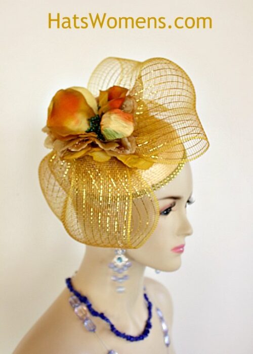 Women's Couture Vintage Style Antique Metallic Gold Cocktail Wedding Bridal Hat Headpiece, Church Formals Dress 7Q2