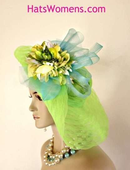 Womens Haute Couture Designer Hats, Avant Garde Dress Hats, Formal Wedding Hats, Mother Of The Bride Hats, Bridal Fascinator, Pillbox Hats, Satin Hats, Large Brim Hats, Kentucky Derby Hats, Hats For Horse Races, hatswomens.com, Couture Lime Green Aqua Designer Hat For Women