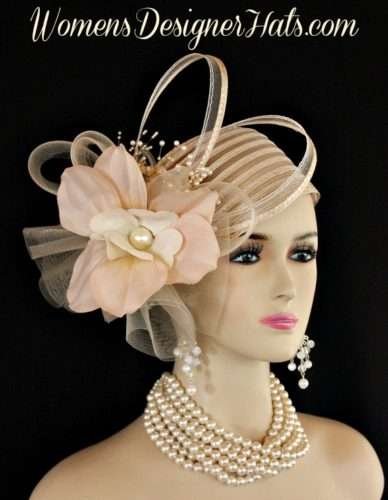Womens Haute Couture Designer Hats, Avant Garde Dress Hats, Formal Wedding Hats, Mother Of The Bride Hats, Bridal Fascinator, Pillbox Hats, Satin Hats, Large Brim Hats, Kentucky Derby Hats, Hats For Horse Races, hatswomens.com, Ladies Beige Pillbox Couture Fashion Designer Hat Wedding Church Hats