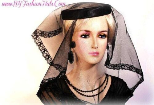 Black Lace Veil Satin Funeral Hat 9KNU
