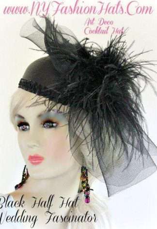 Ladies Black Designer Cocktail Hat With Feathers Wedding Church Hats