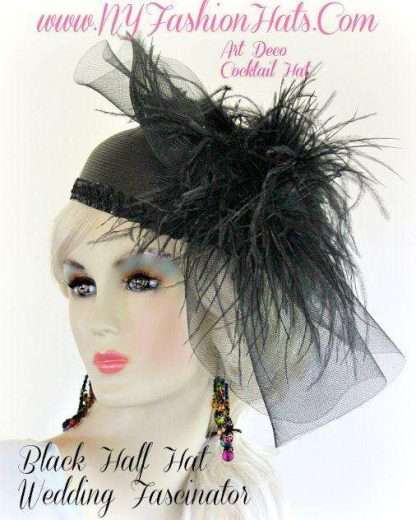 Ladies Black Designer Cocktail Hat With Feathers Wedding Church Hats