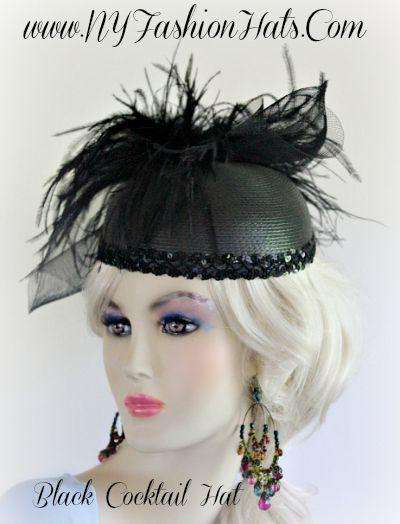 Ladies Black Cocktail Hat With Feathers
