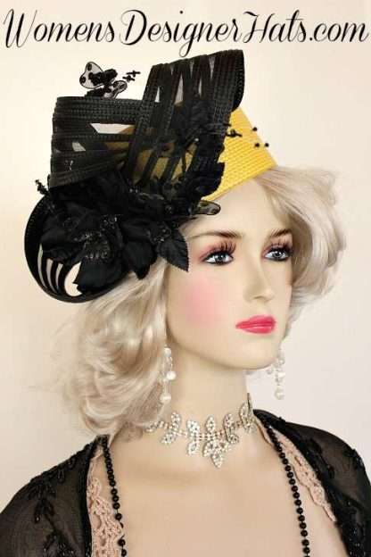 Womens Haute Couture Designer Hats, Avant Garde Dress Hats, Formal Wedding Hats, Mother Of The Bride Hats, Bridal Fascinator, Pillbox Hats, Satin Hats, Large Brim Hats, Kentucky Derby Hats, Hats For Horse Races, hatswomens.com Hat Black Yellow Pillbox Wedding Church Derby