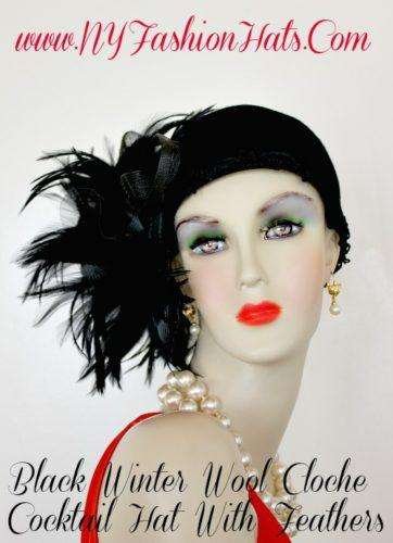 Black Flapper Deco Feather Winter Cloche Feather Hat