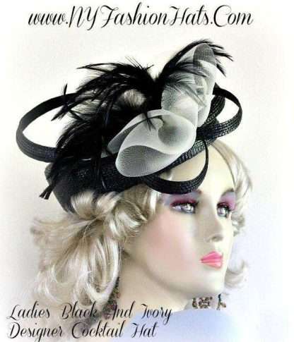 Ladies Black Ivory Cocktail Designer Hat Feathers Pillbox Dress Hats - Image 2