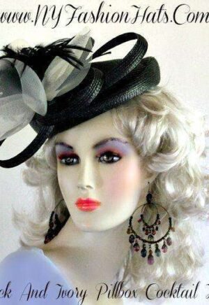 Ladies Black Ivory Cocktail Designer Hat Feathers Pillbox Dress Hats