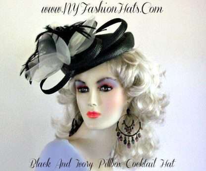 Ladies Black Ivory Cocktail Designer Hat Feathers Pillbox Dress Hats