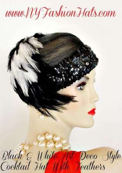 Ladies Black White Flapper Deco Feather Cocktail Hat