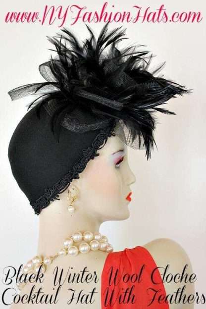 Black Flapper Deco Feather Winter Cloche Feather Hat, NY Fashion Hats - Image 4