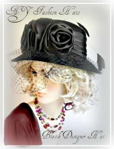 Ladies Women's Black Winter Wool Veil Hat Satin Rosettes Designer Hats