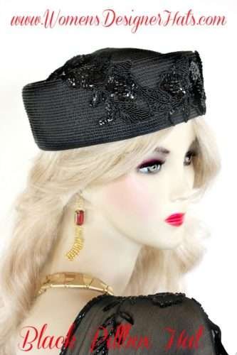 Black Pillbox Designer Special Occasion Hat For Women