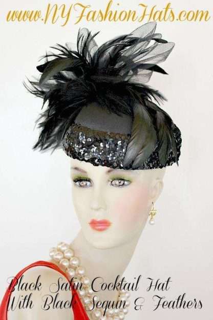 Ladies Black Satin Designer Cocktail Dress Hat