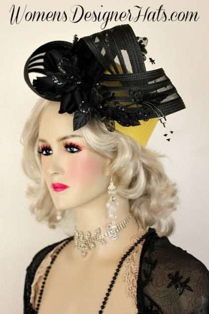 Couture Designer Hats, Black Yellow Statement Pillbox Wedding Occasion Hat, Kentucky Derby Hats, Preakness Stakes Hat Races, NYFashionHats, Dena - Image 3