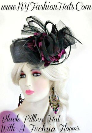 Ladies Black Dressy Designer Pillbox Hat With Fuchsia Flowers Hats