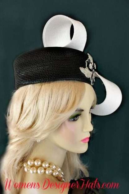 Couture Black White Silver Pillbox Fashion Hat, Statement Hats For Weddings Formals Church Vera - Image 2