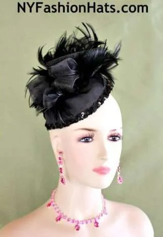 Women's Black Sinamay Straw Pilbox Cocktail Hat Wedding Fascinator