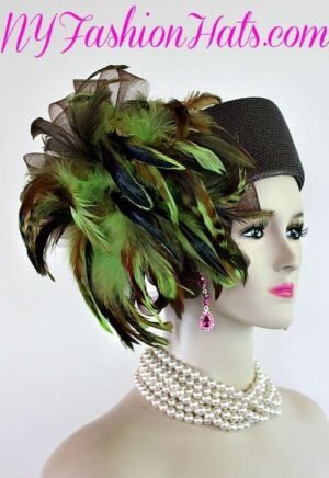 Women's Designer Brown Lime Green Pillbox Hat Feathers