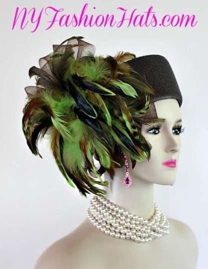 Women's Designer Brown Lime Green Pillbox Hat Feathers