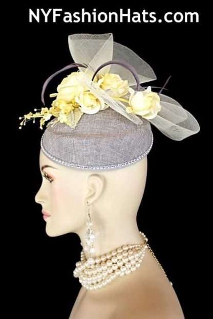 Grey Pale Yellow Rose Bud Rhinestone Sinamay Straw Wedding Bridal Fascinator, Cocktail Hats Brides Derby Formal - Image 3