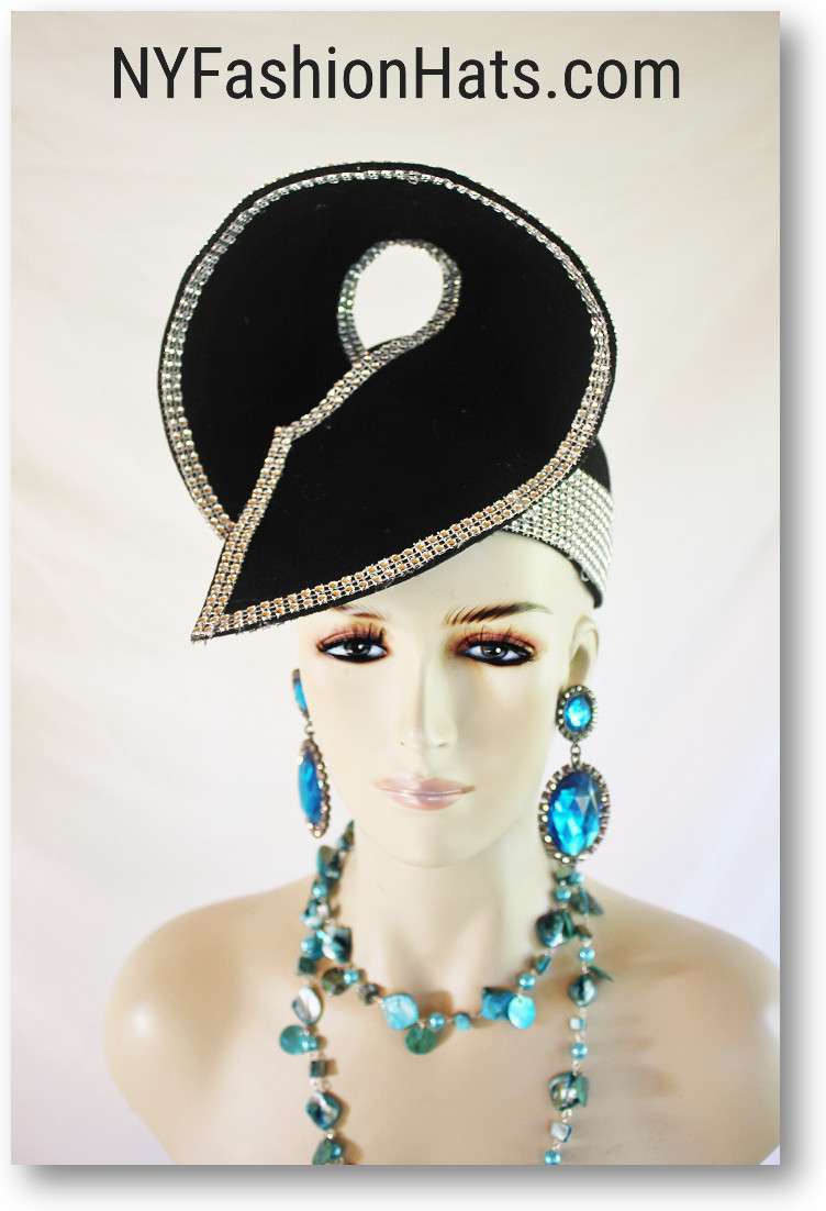 Women's Black Haute Couture Designer Fashion Sculptured Pillbox Hat, Winter Wool Headpiece With Rhinestones, NYFashionHats Paris Milan - Image 4