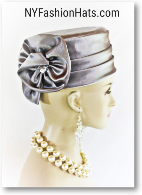 Grey Satin Designer Pillbox Holiday Fashion Hat For Women