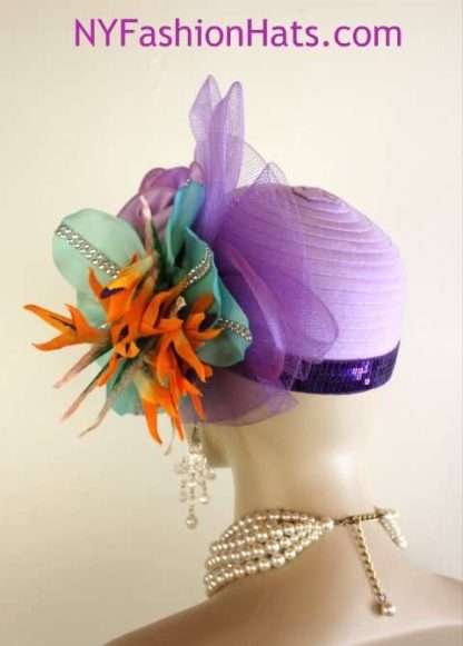 Women's Designer Purple Lavender Aqua Orange Rhinestone Satin  Pillbox Cloche Cocktail Hat Wedding Fascinator, Bird Of Paradise Flowers - Image 3